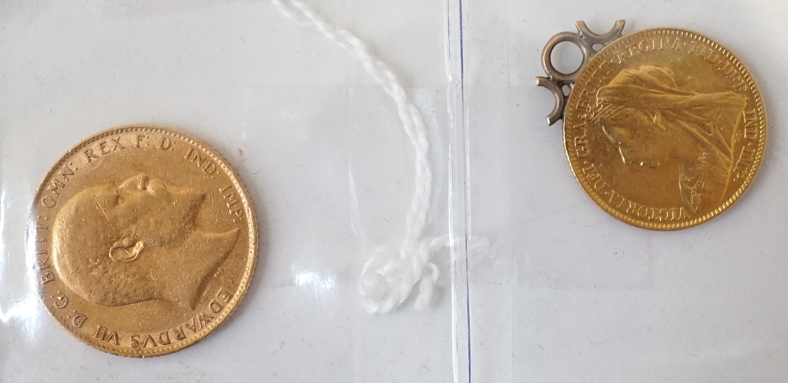 British gold coins, Edward VII, sovereign, 1910, VF, and Victoria half sovereign, 1897, veiled head, later suspension mount